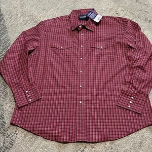 NWTs Wrangler Men's Red Brick color plaid Snap Front Shirt Sz XXL 1 Yr Warranty
